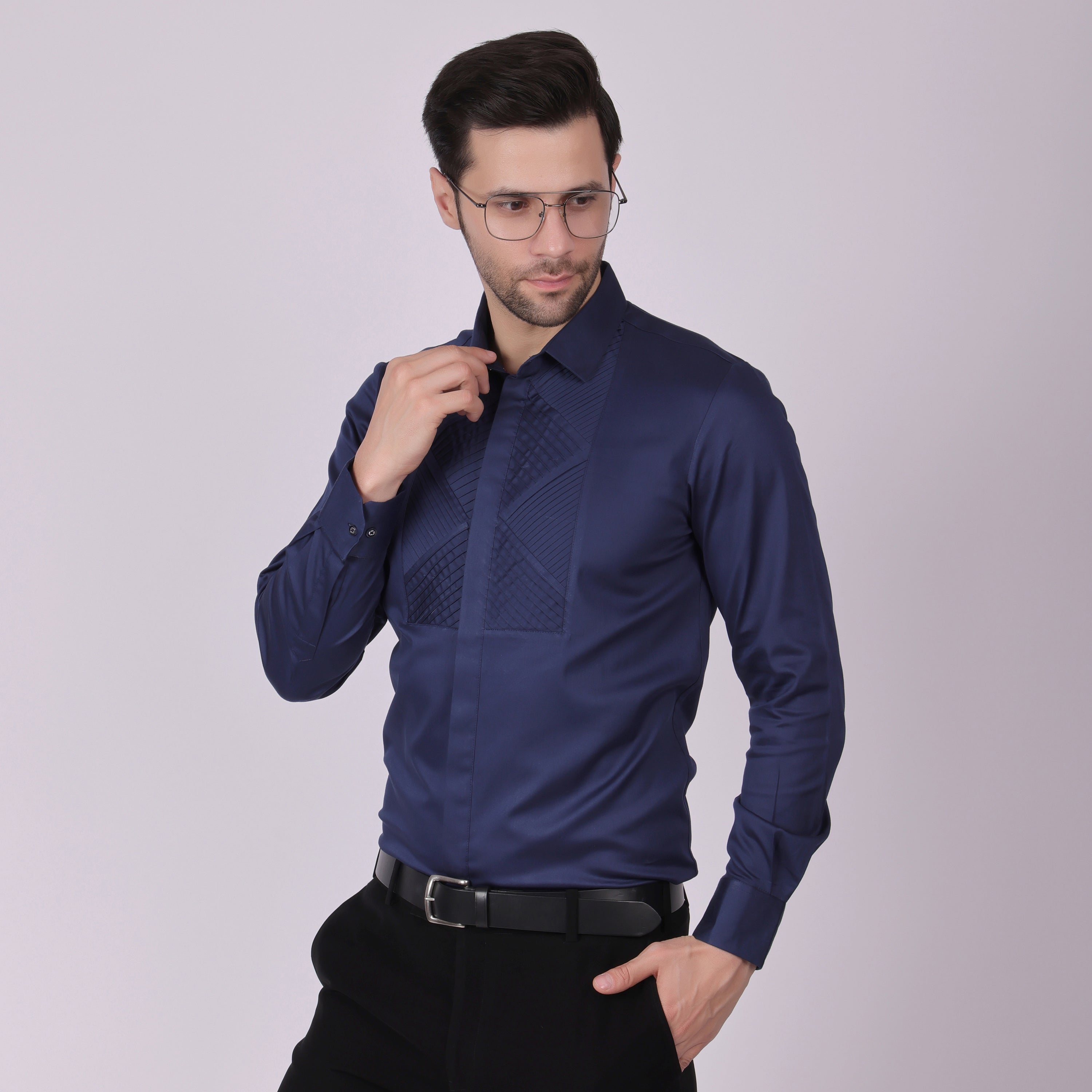 Pier Seven Signature Cotton Satin Self Design Slim Fit Shirt for Men - Navy (PWM021) Pier Seven