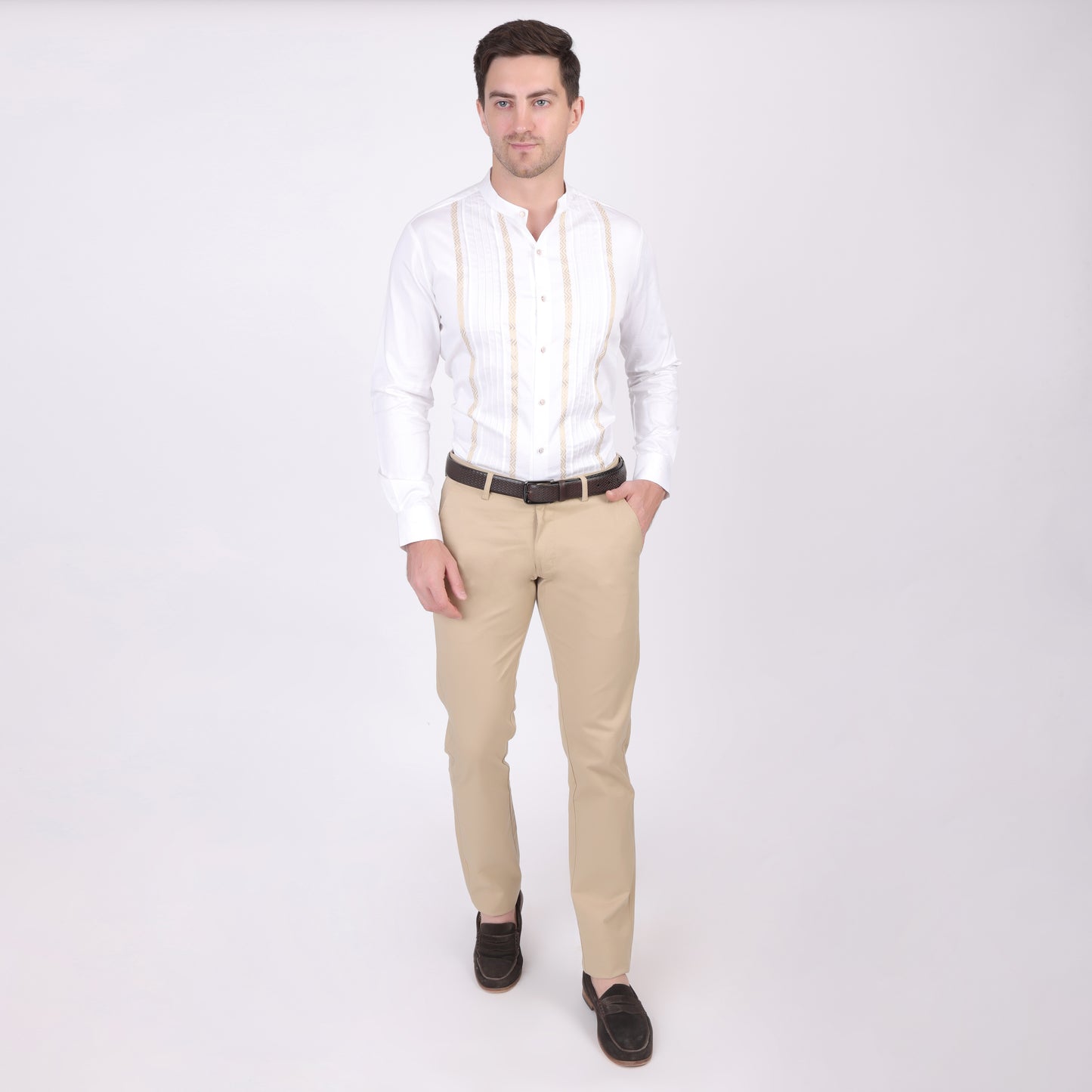 Pier Seven Ethnic Cotton Blend Mandarin Collar Men's Slim Fit Shirt - White (PWM025)