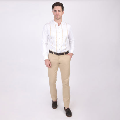 Pier Seven Ethnic Cotton Blend Mandarin Collar Men's Slim Fit Shirt - White (PWM025)