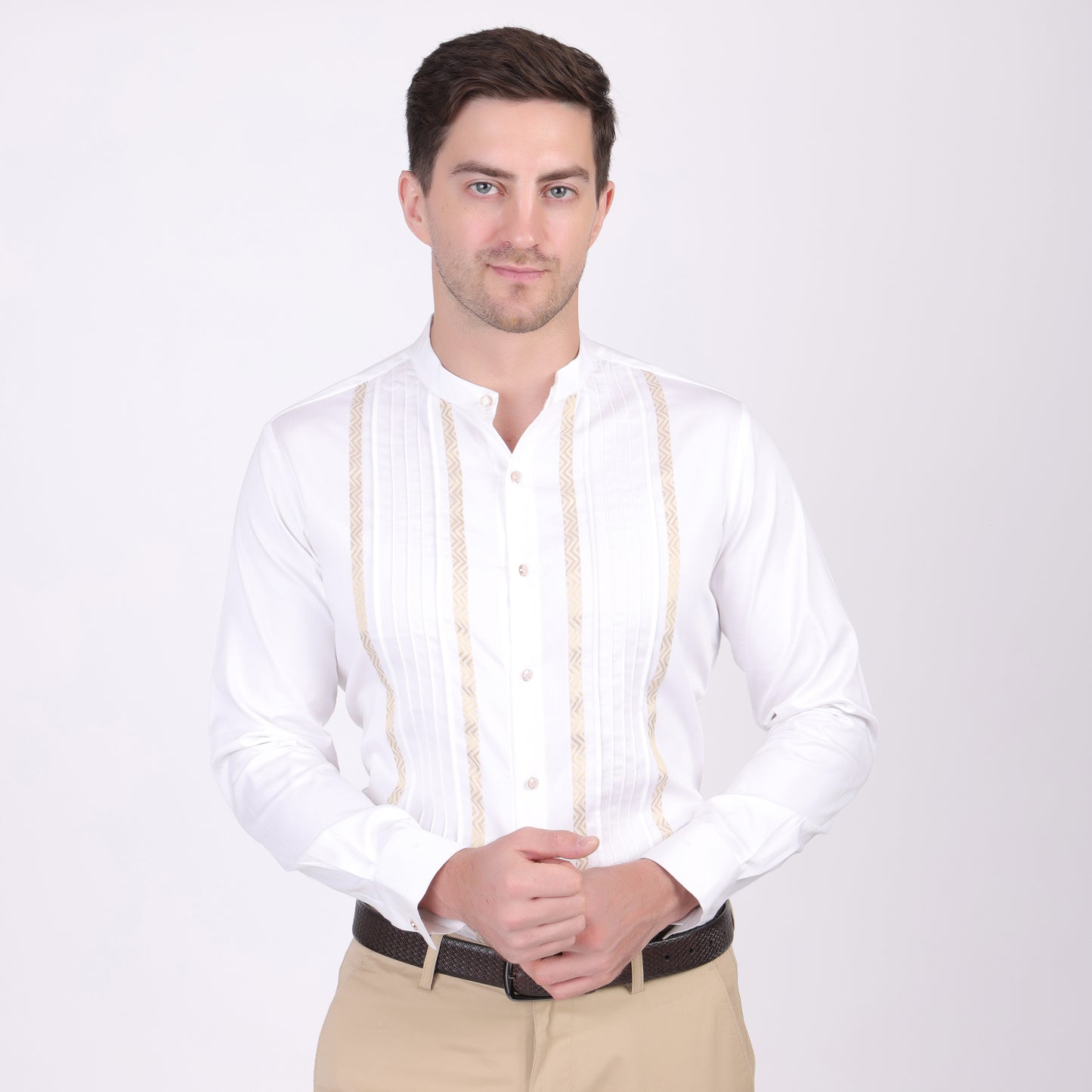 Pier Seven Ethnic Cotton Blend Mandarin Collar Men's Slim Fit Shirt - White (PWM025)