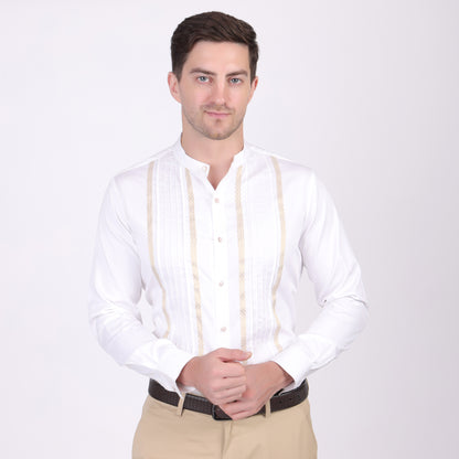 Pier Seven Ethnic Cotton Blend Mandarin Collar Men's Slim Fit Shirt - White (PWM025)