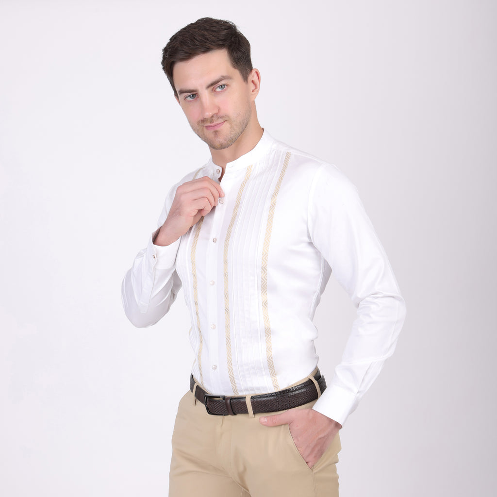 COTTON SATIN PIN TUCK JAQUARD PANEL PARTY SHIRT