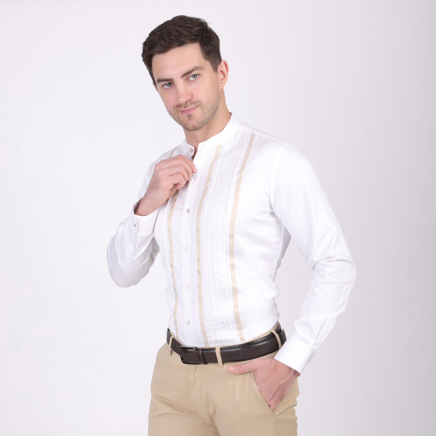 Pier Seven Ethnic Cotton Blend Mandarin Collar Men's Slim Fit Shirt - White (PWM025)