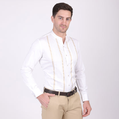 Pier Seven Ethnic Cotton Blend Mandarin Collar Men's Slim Fit Shirt - White (PWM025)