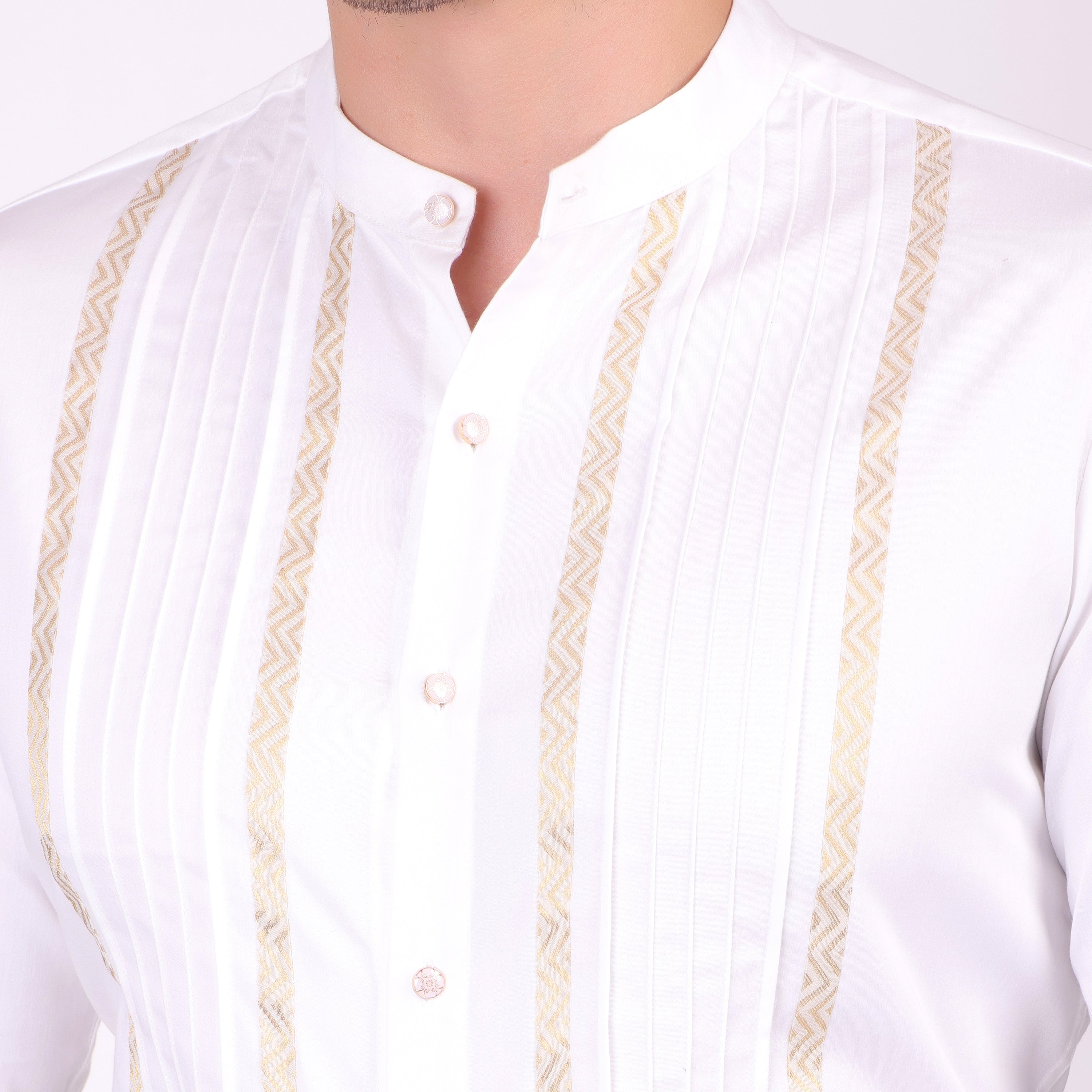 COTTON SATIN PIN TUCK JAQUARD PANEL PARTY SHIRT