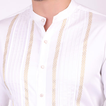 Pier Seven Ethnic Cotton Blend Mandarin Collar Men's Slim Fit Shirt - White (PWM025)