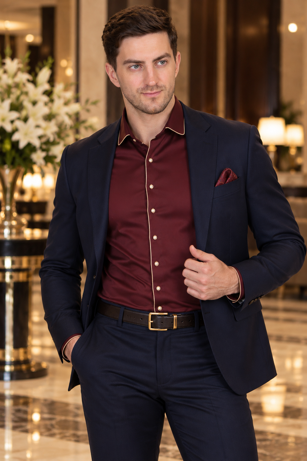 COTTON BLEND GOLDEN PIPING PARTY SHIRT MAROON (PWM026)