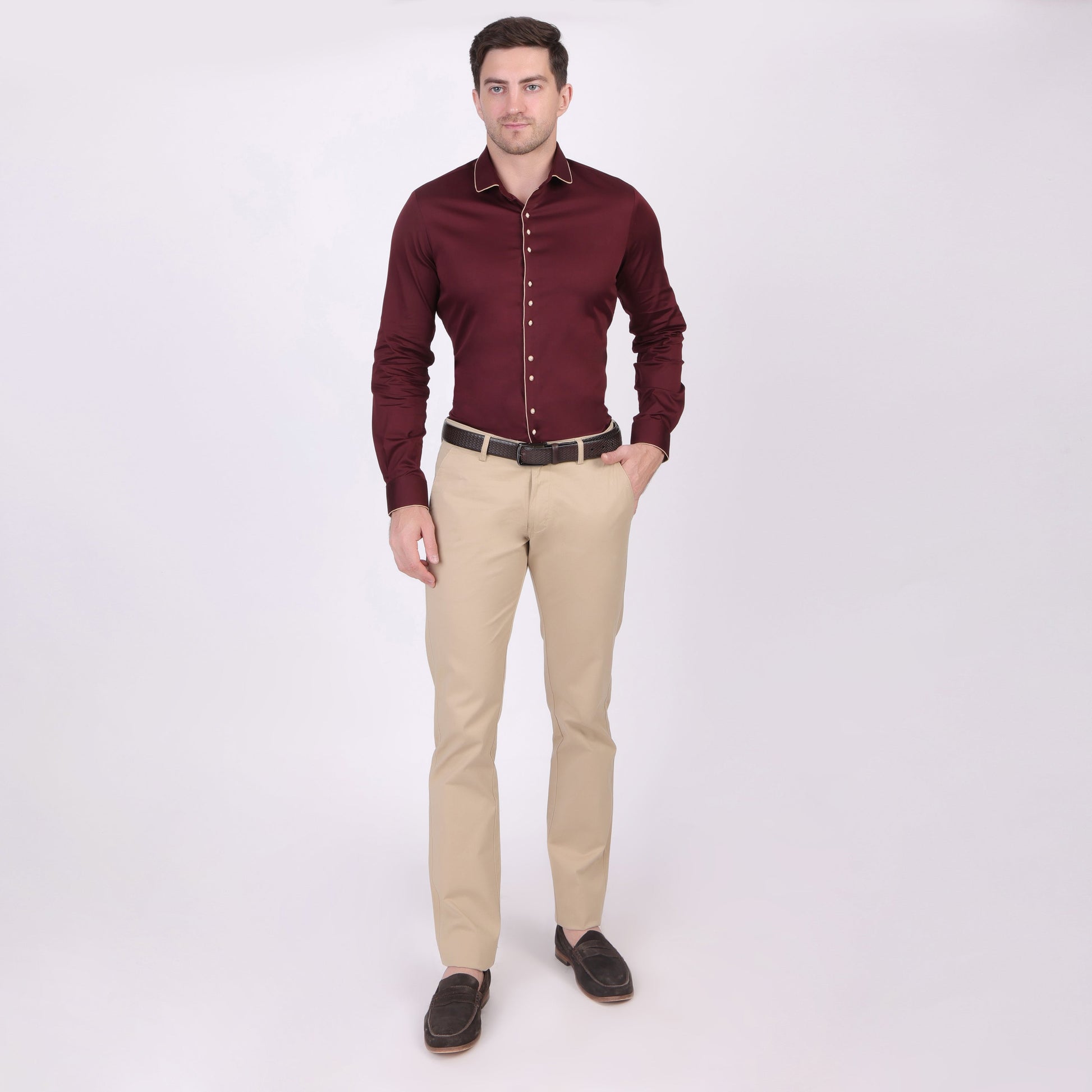 Pier Seven Ethnic Cotton Blend Solid Slim Fit Shirt for Men - Maroon (PWM026) Pier Seven