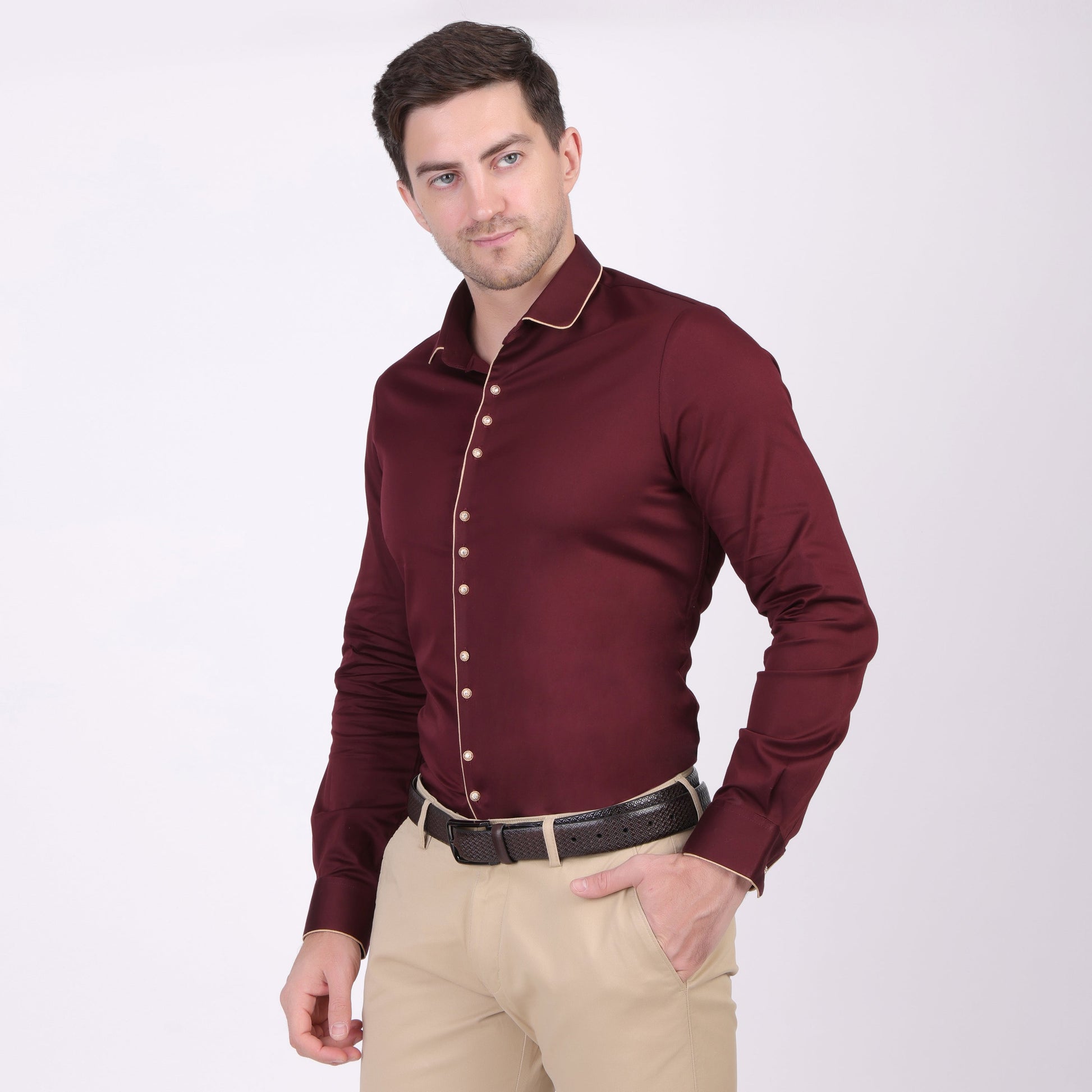 Pier Seven Ethnic Cotton Blend Solid Slim Fit Shirt for Men - Maroon (PWM026) Pier Seven