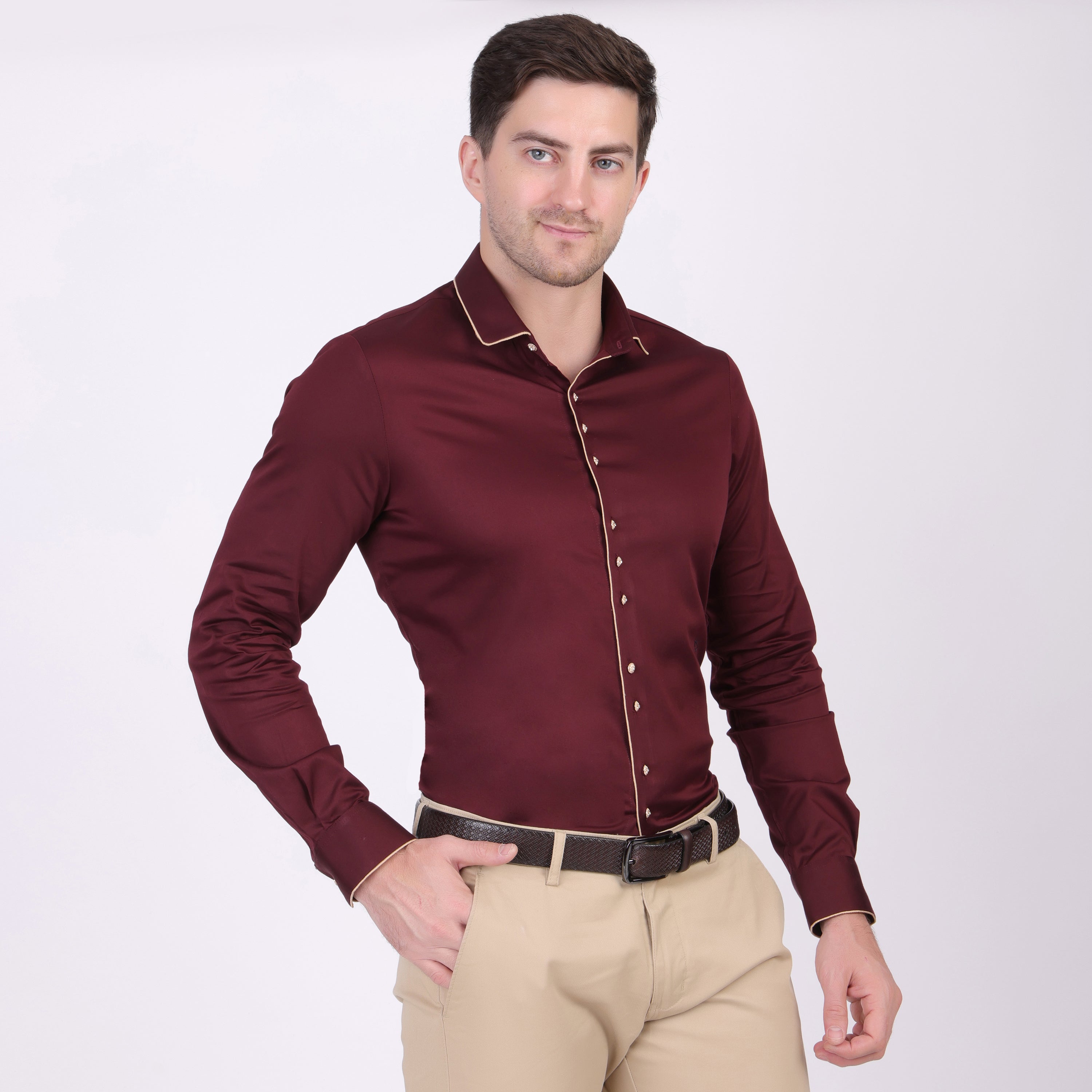 Pier Seven Ethnic Cotton Blend Solid Slim Fit Shirt for Men - Maroon (PWM026) Pier Seven