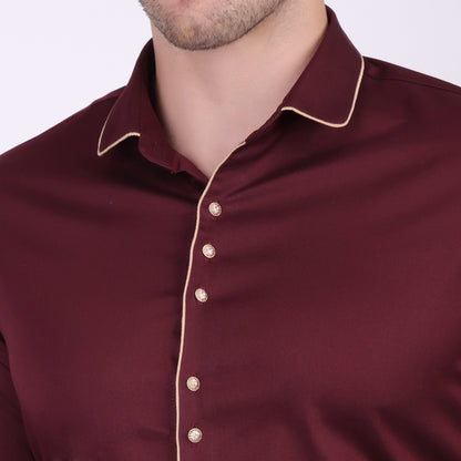Pier Seven Ethnic Cotton Blend Solid Slim Fit Shirt for Men - Maroon (PWM026) Pier Seven
