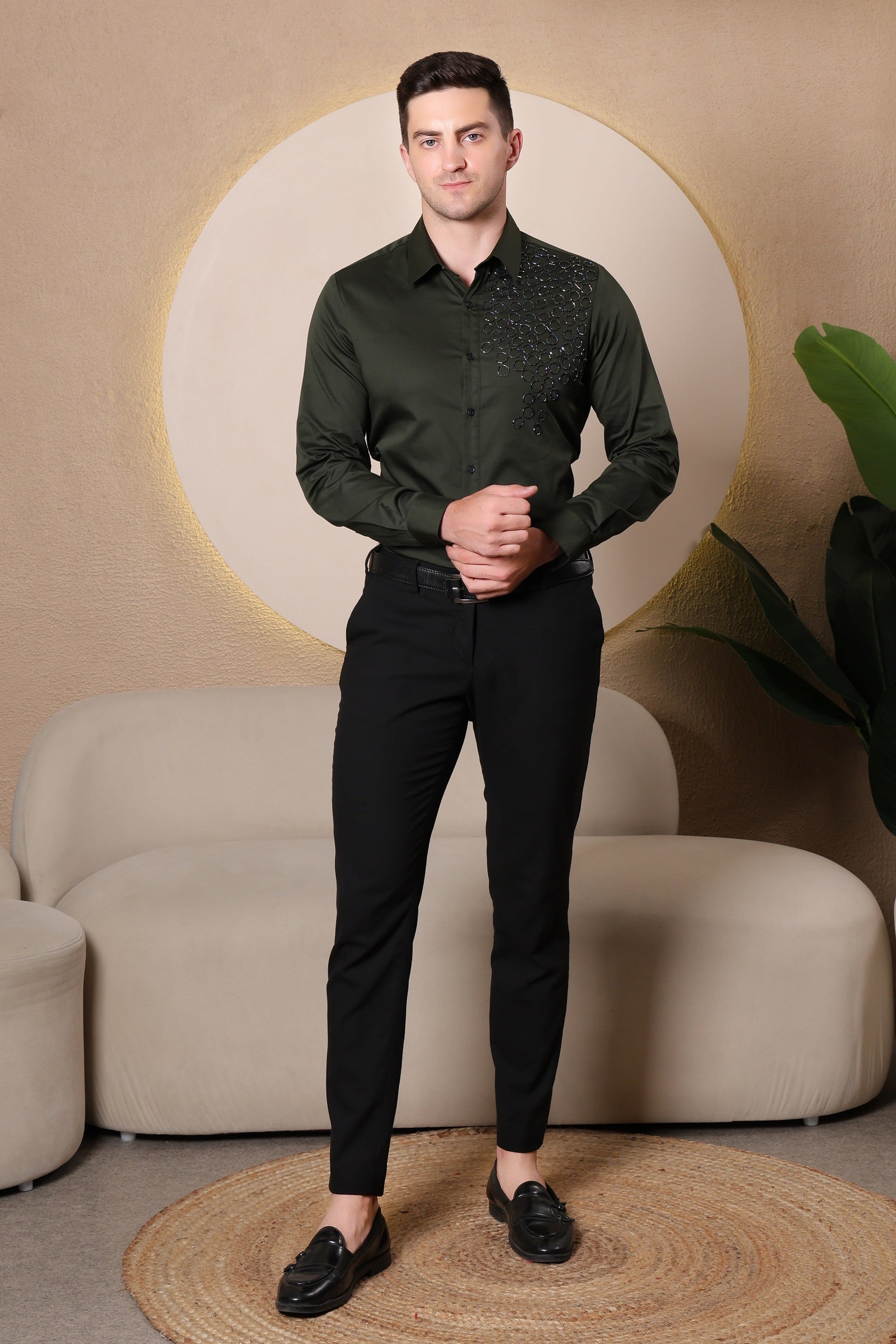 Pier Seven Men's Cotton Satin Bead Work Slim Fit Shirt - Green (PWY003) Pier Seven