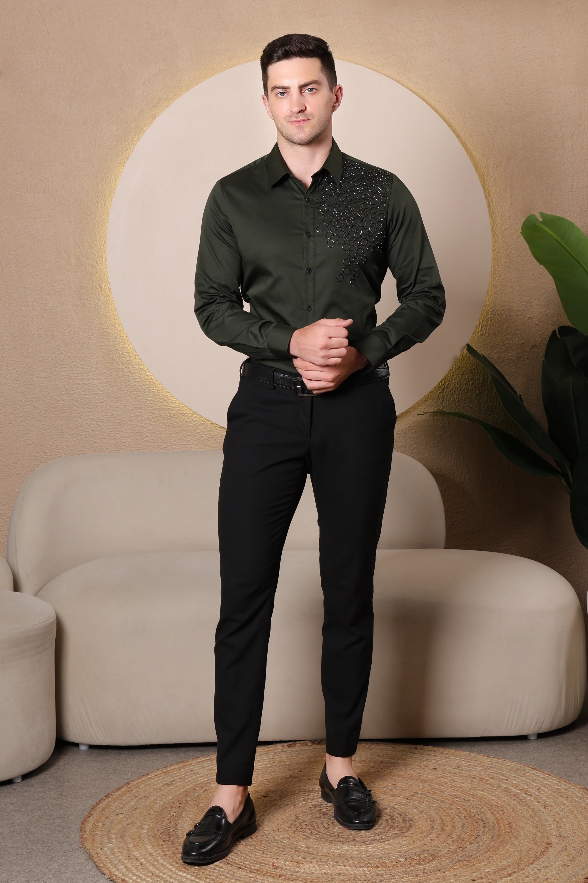 Pier Seven Men's Cotton Satin Bead Work Slim Fit Shirt - Green (PWY003) Pier Seven