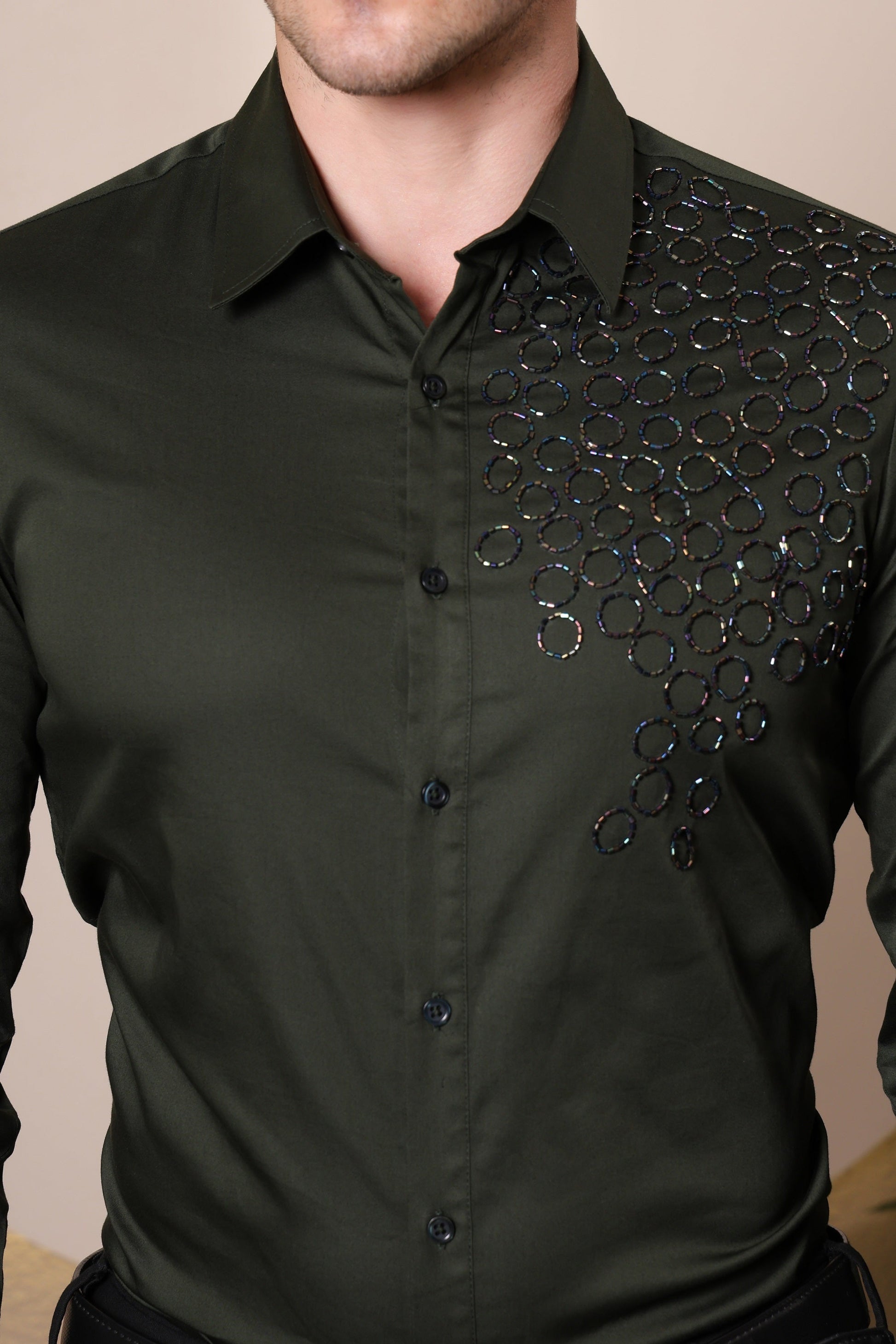 Pier Seven Men's Cotton Satin Bead Work Slim Fit Shirt - Green (PWY003) Pier Seven