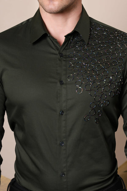Pier Seven Men's Cotton Satin Bead Work Slim Fit Shirt - Green (PWY003) Pier Seven