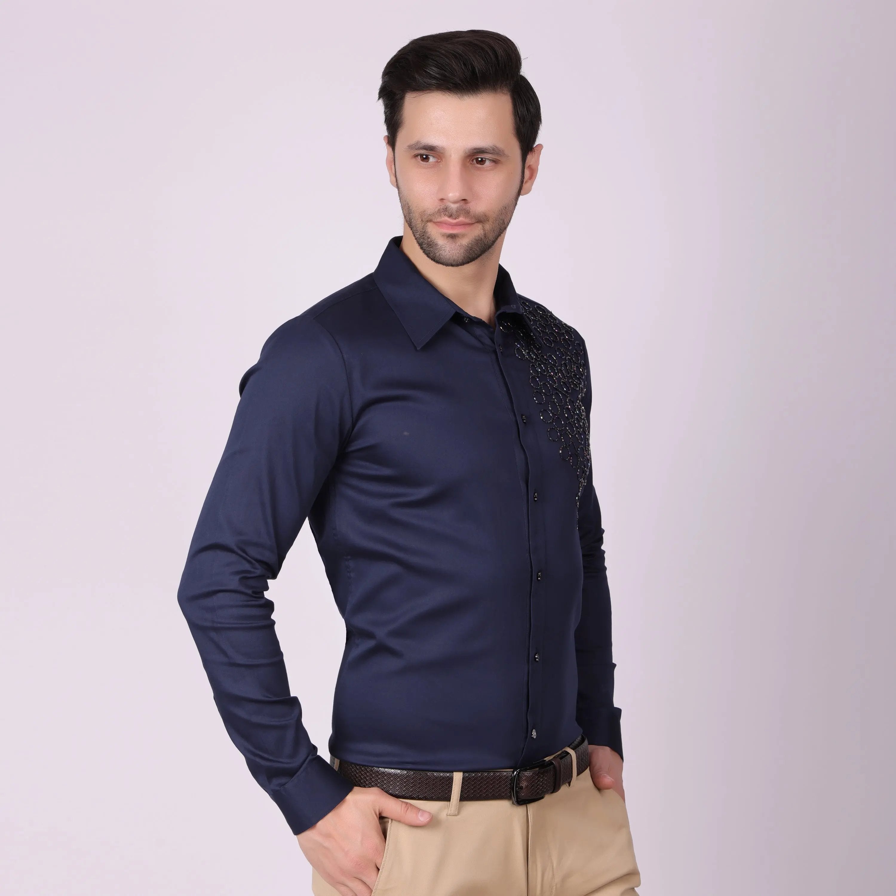 Pier Seven Men's Cotton Satin Bead Work Slim Fit Shirt - Navy Blue (PWY003) Pier Seven