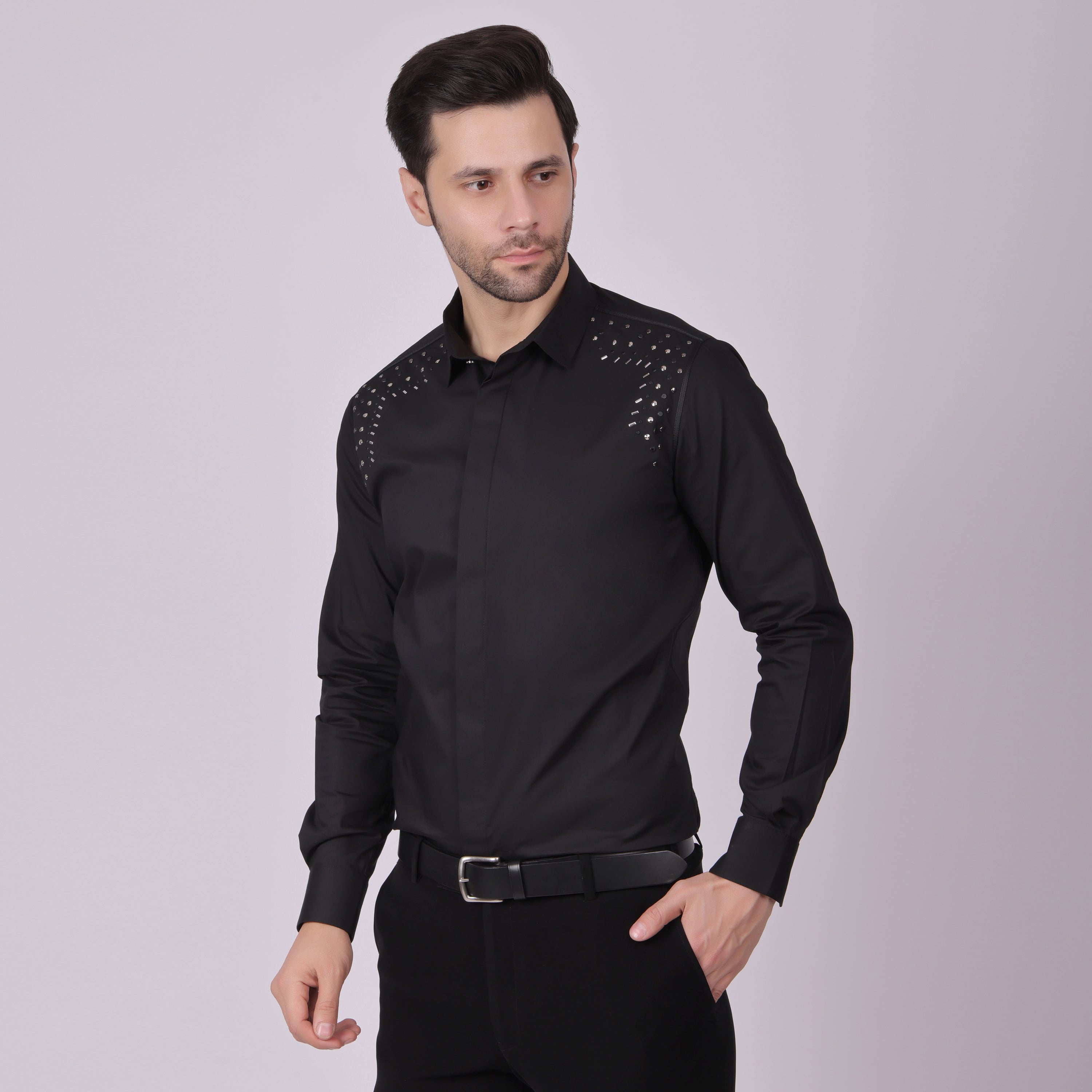 SHOULDER STUDDED CLUB WEAR SHIRT BLACK