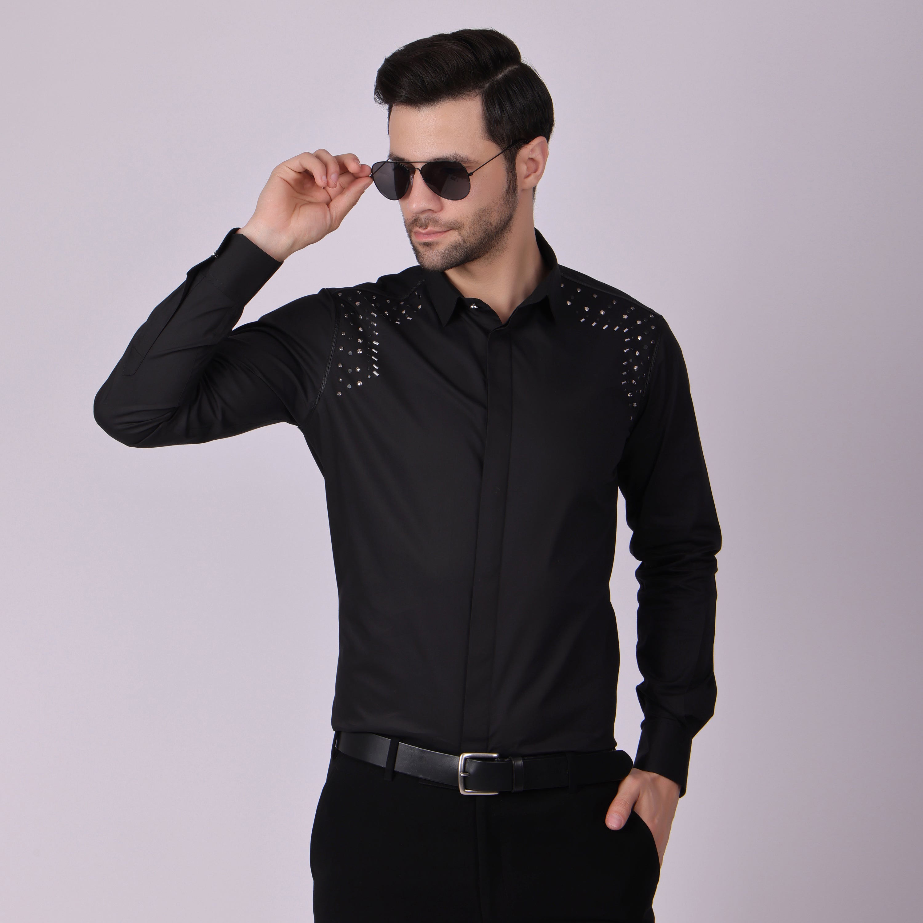 SHOULDER STUDDED CLUB WEAR SHIRT BLACK