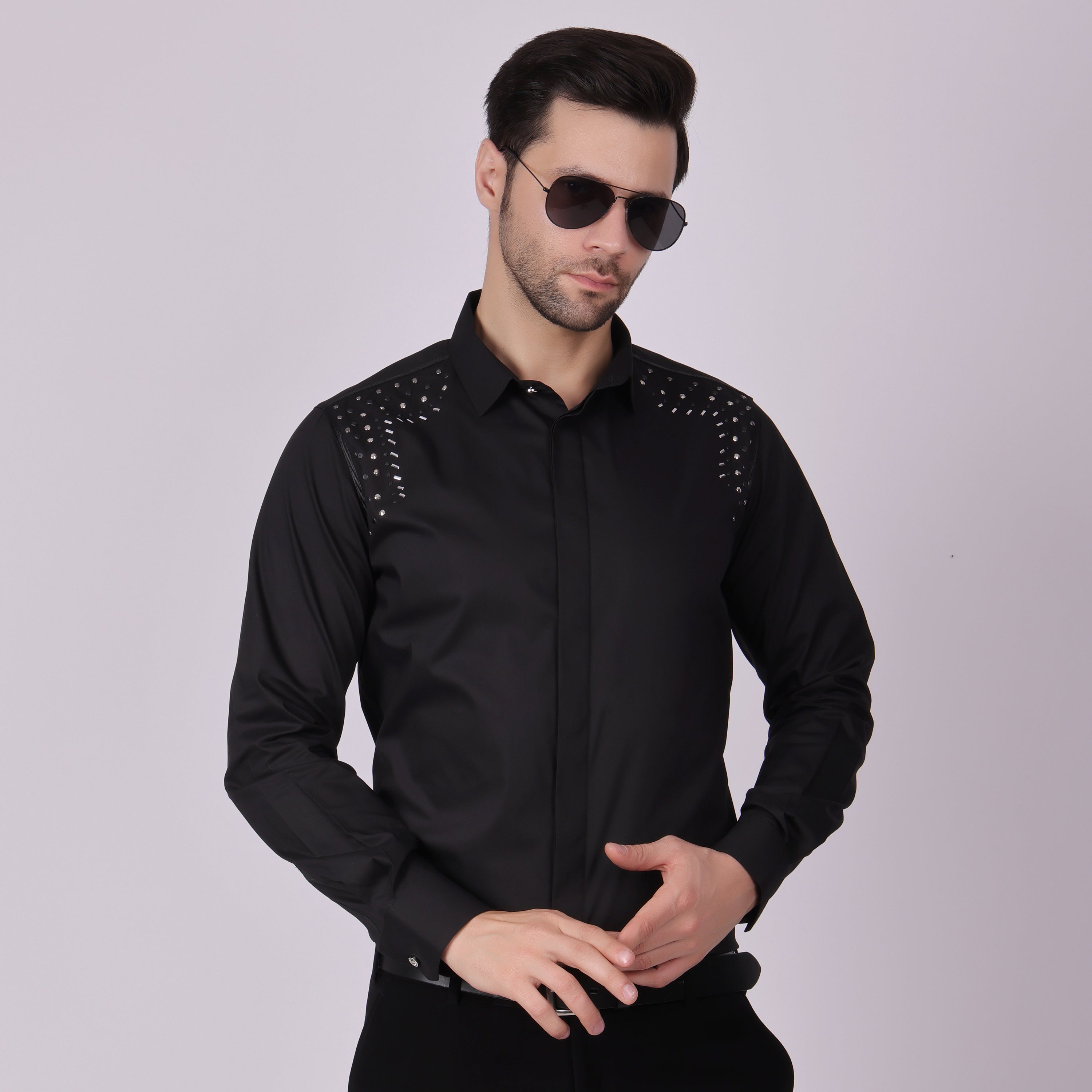SHOULDER STUDDED CLUB WEAR SHIRT BLACK