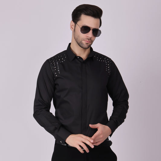 Embroidered Cotton Blend Men's Slim Fit Full Sleeve Shirt - Black (PWY013)