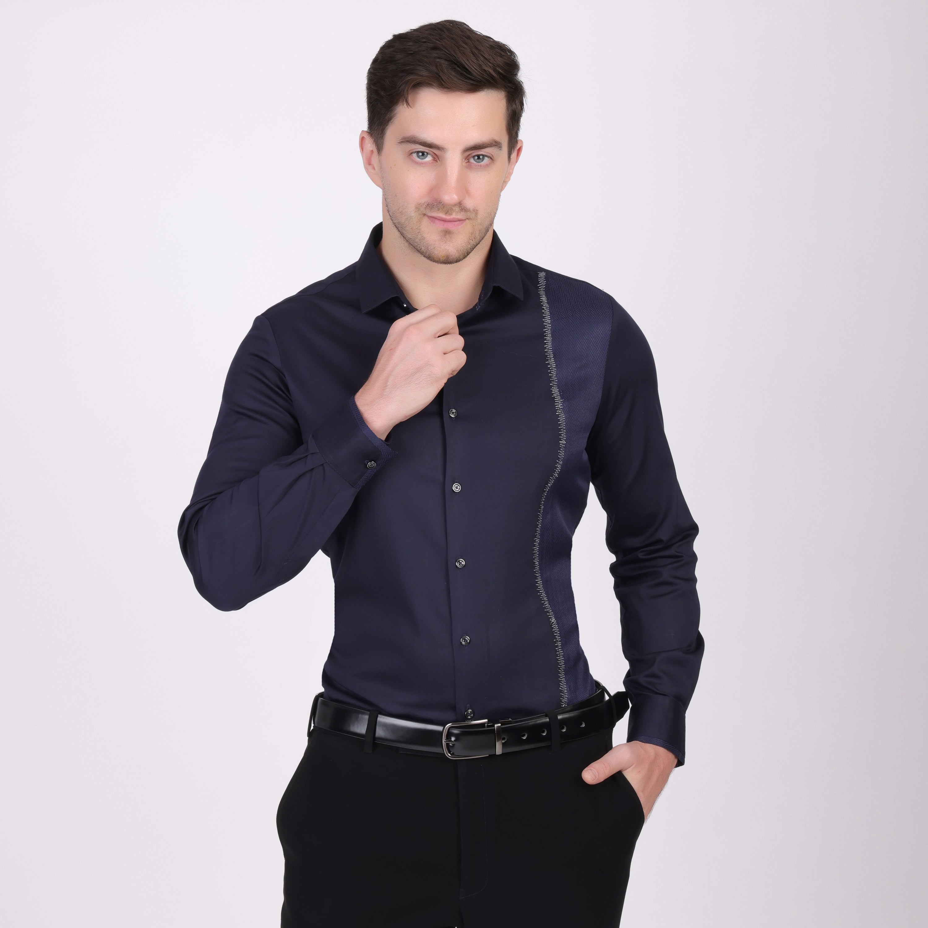 Pier Seven Men's Cotton blended Mix n Match Embroided Slim Fit Shirt - Navy Blue (PWY019) Pier Seven