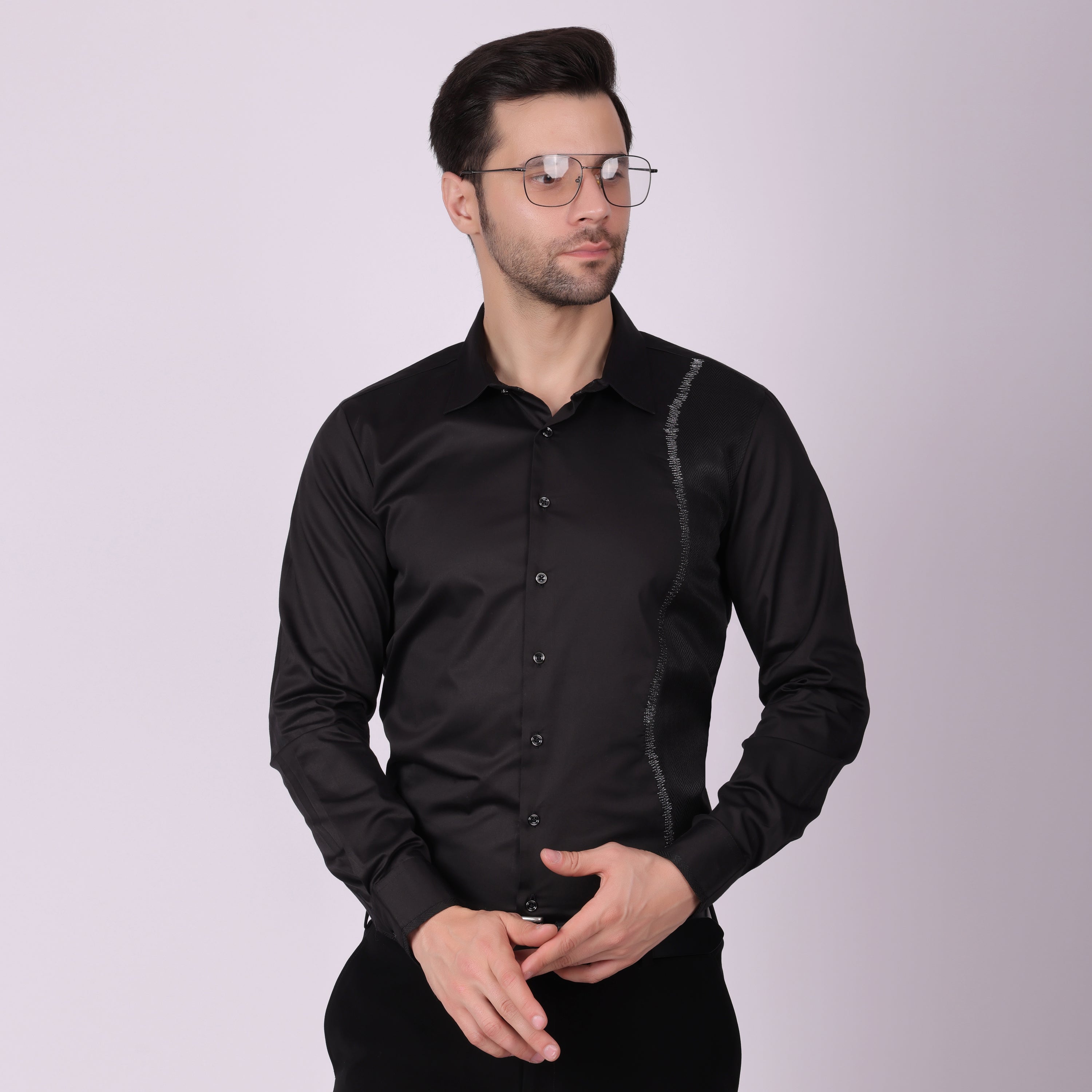 Pier Seven Men's Cotton blended Mix n Match Embroided Slim Fit Shirt - Black (PWY019) Pier Seven