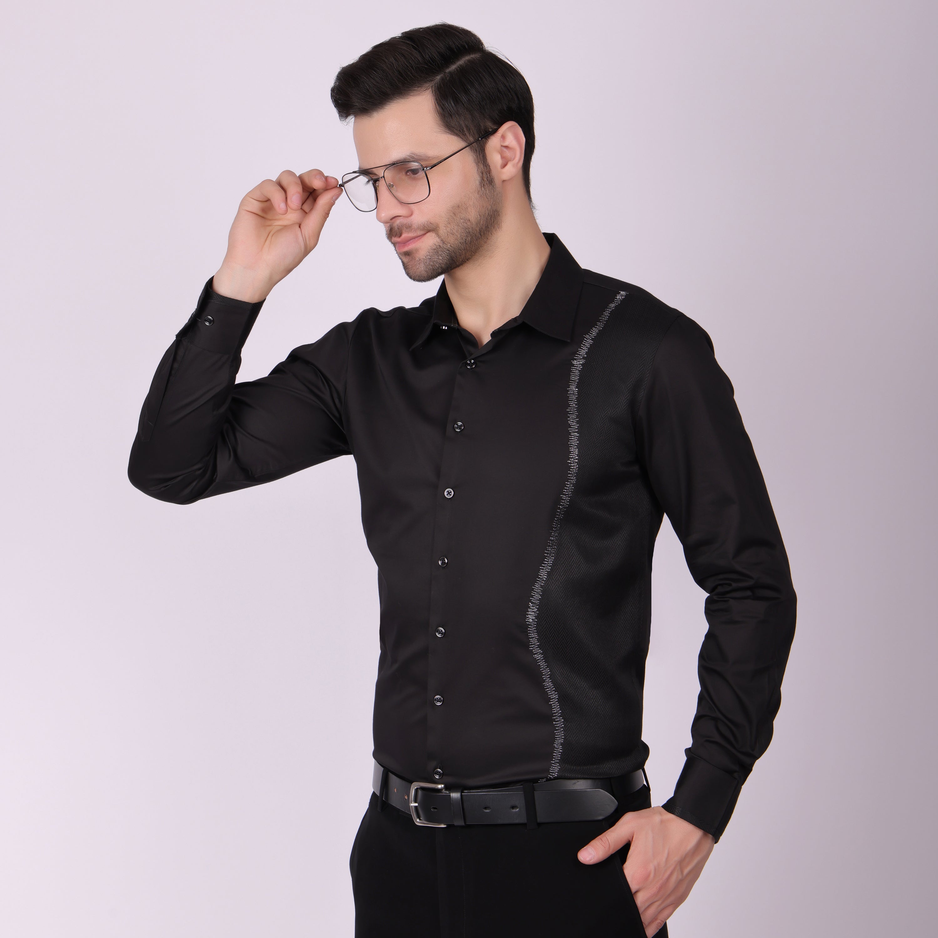 Pier Seven Men's Cotton blended Mix n Match Embroided Slim Fit Shirt - Black (PWY019) Pier Seven