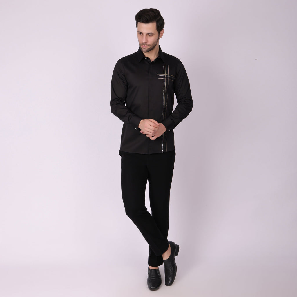Pier Seven Men's Cotton Woven With Sequins Slim Fit Shirt - Black (PWY023) Pier Seven