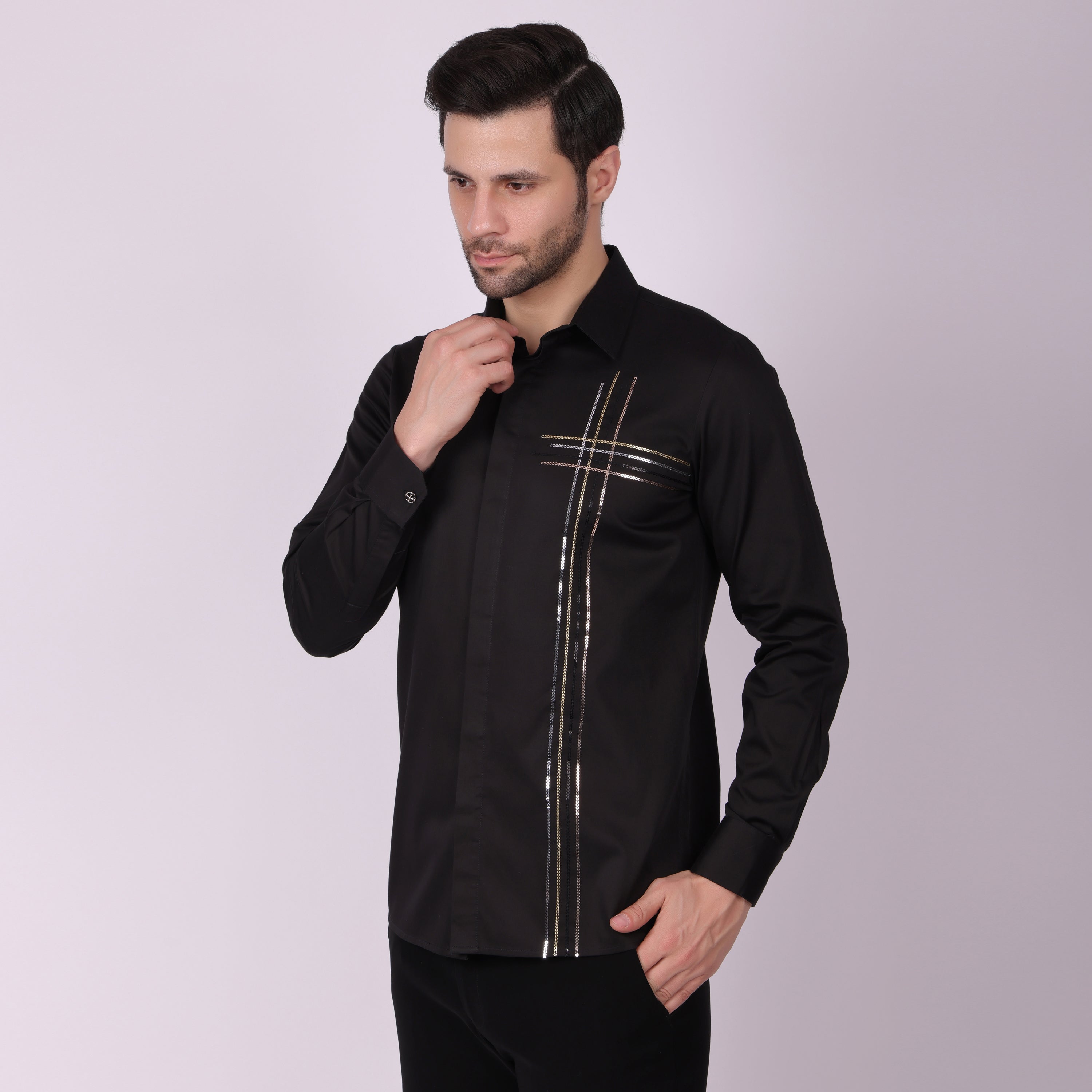 Pier Seven Men's Cotton Woven With Sequins Slim Fit Shirt - Black (PWY023) Pier Seven