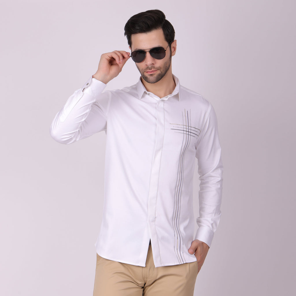 Pier Seven Men's Cotton Woven With Sequins Slim Fit Shirt - White (PWY023) Pier Seven