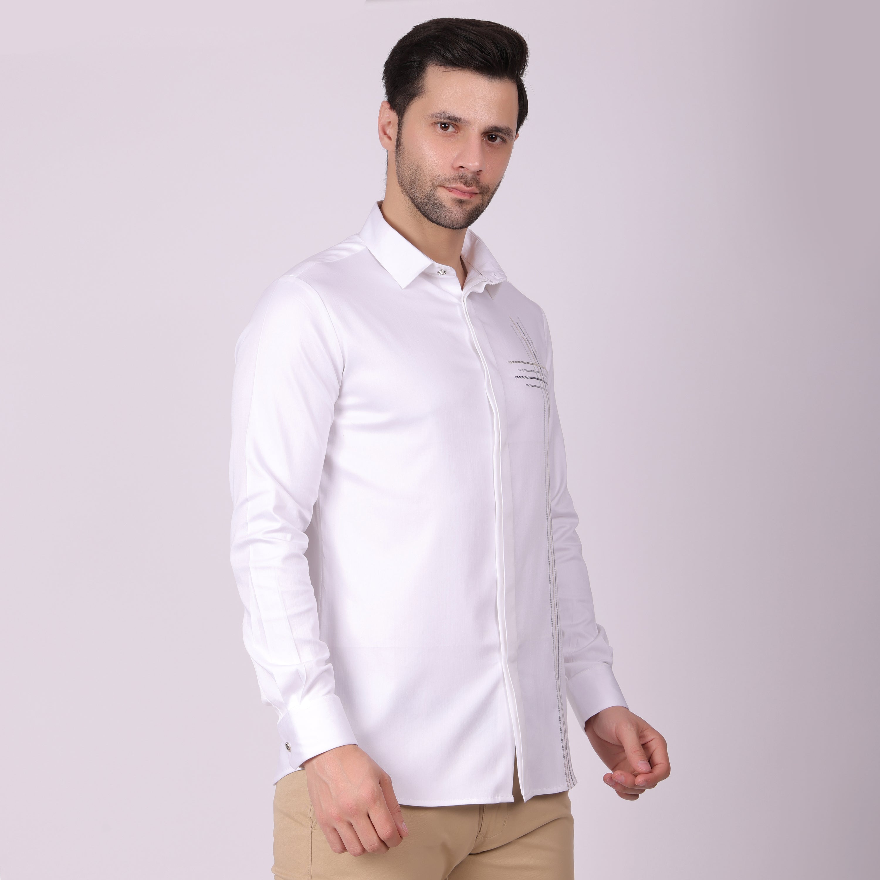 Pier Seven Men's Cotton Woven With Sequins Slim Fit Shirt - White (PWY023) Pier Seven
