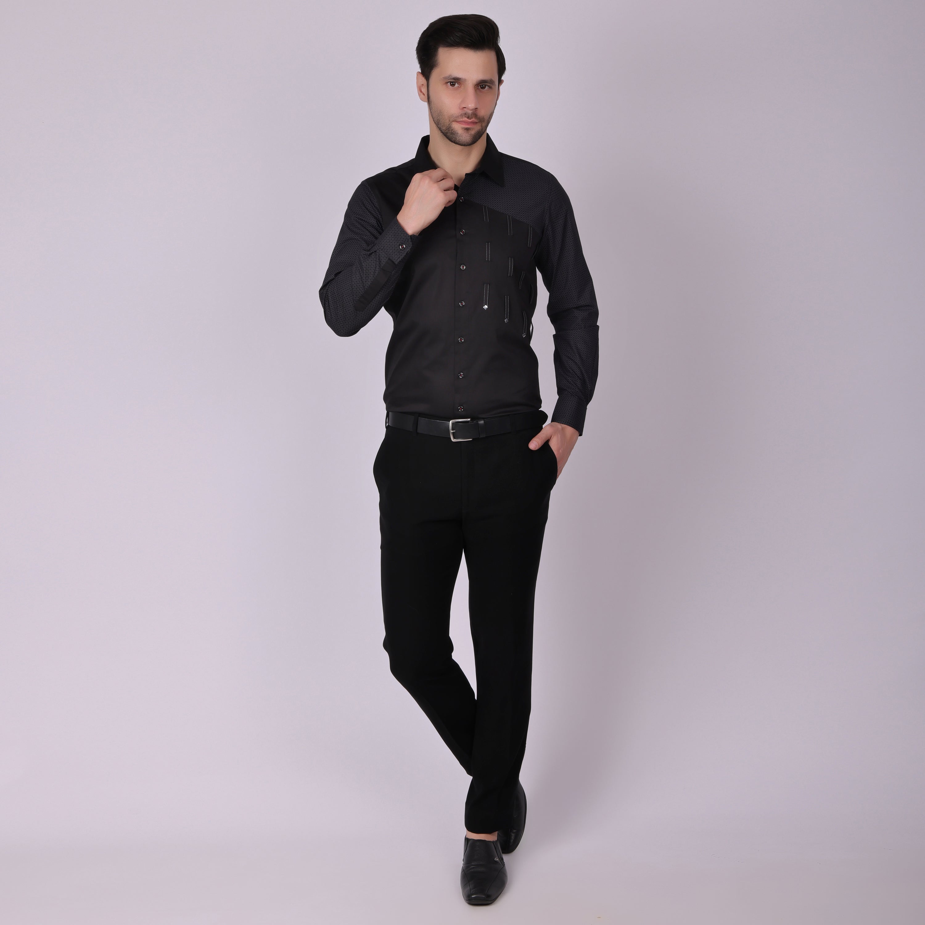 Pier Seven Men's Cotton Stud Detailed Slim Fit Shirt - Black (PWY027) Pier Seven