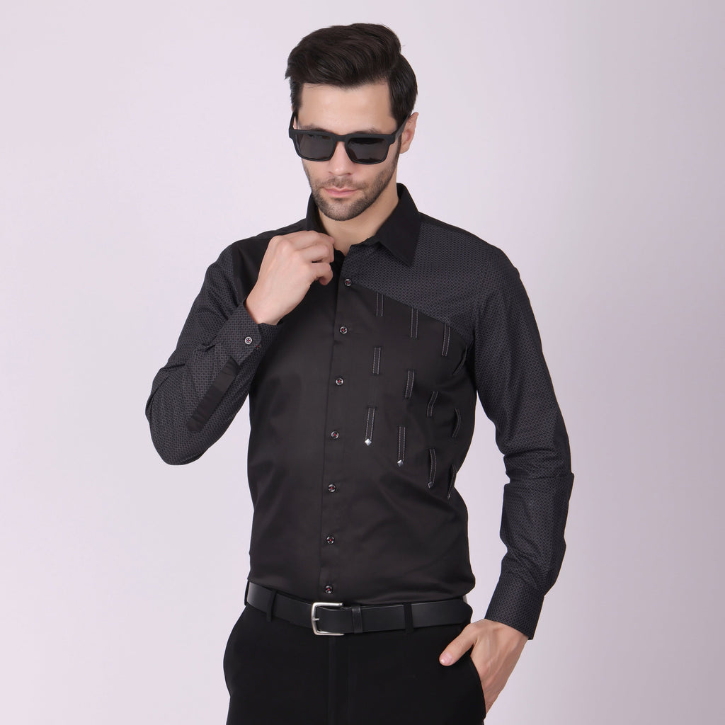 Pier Seven Men's Cotton Stud Detailed Slim Fit Shirt - Black (PWY027) Pier Seven