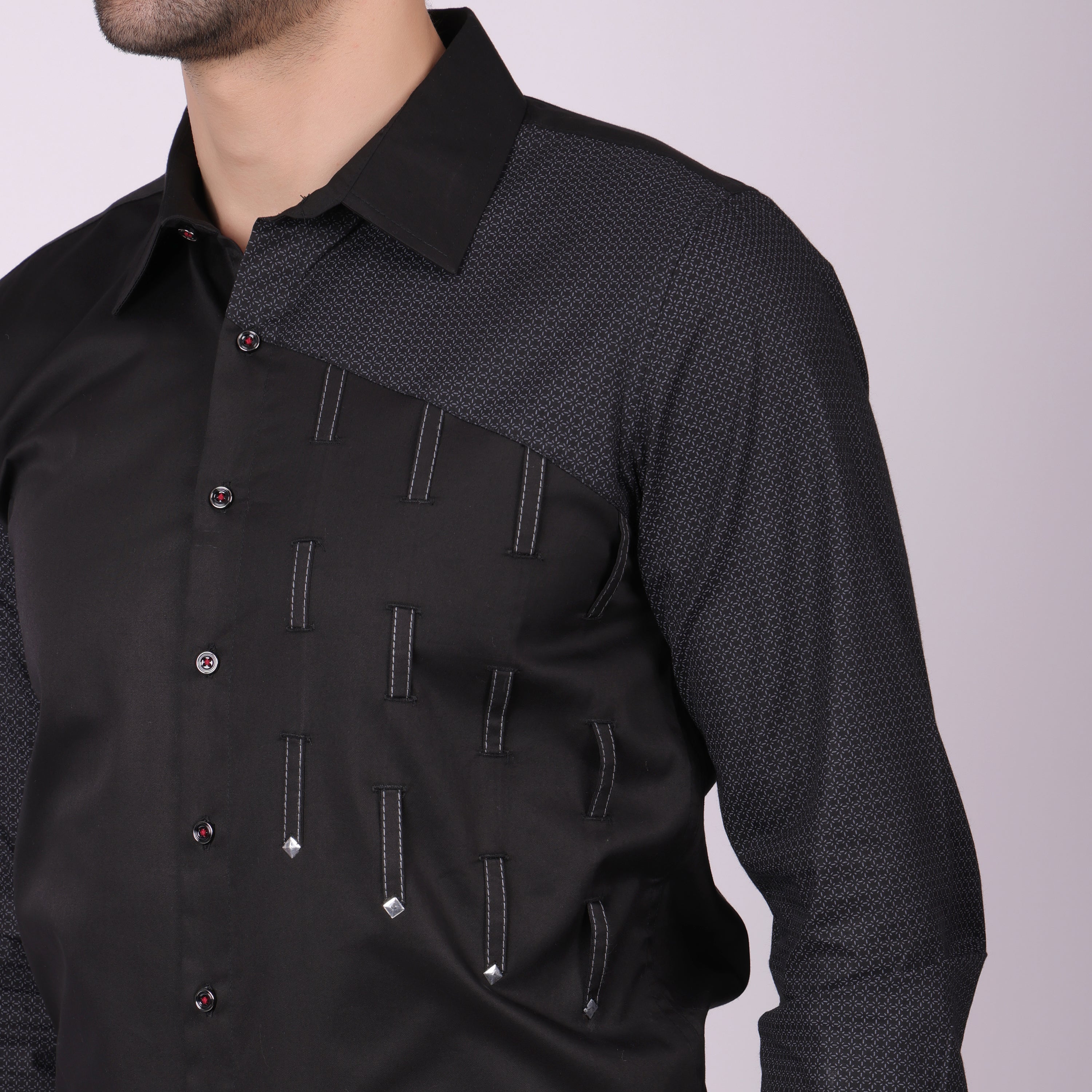 Pier Seven Men's Cotton Stud Detailed Slim Fit Shirt - Black (PWY027) Pier Seven