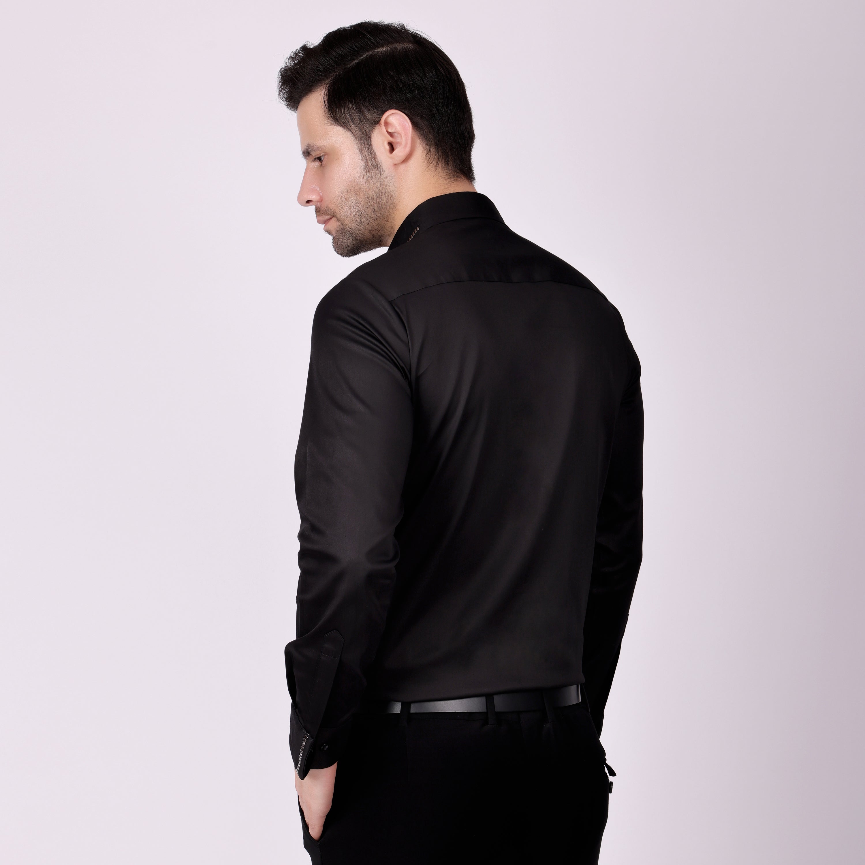 BLACK METAL STUD FRONT DRESS SHIRT  (PWY028)