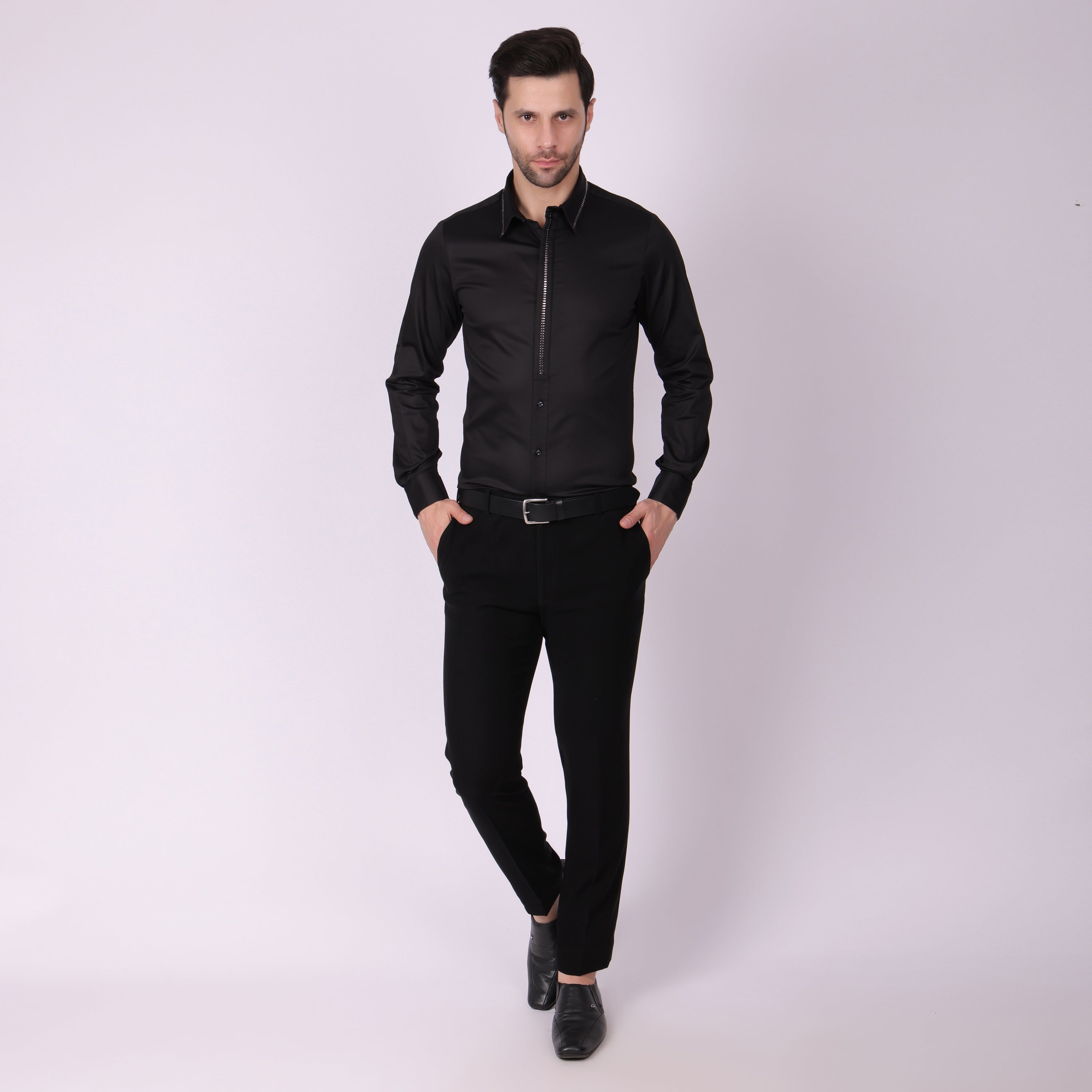 BLACK METAL STUD FRONT DRESS SHIRT  (PWY028)