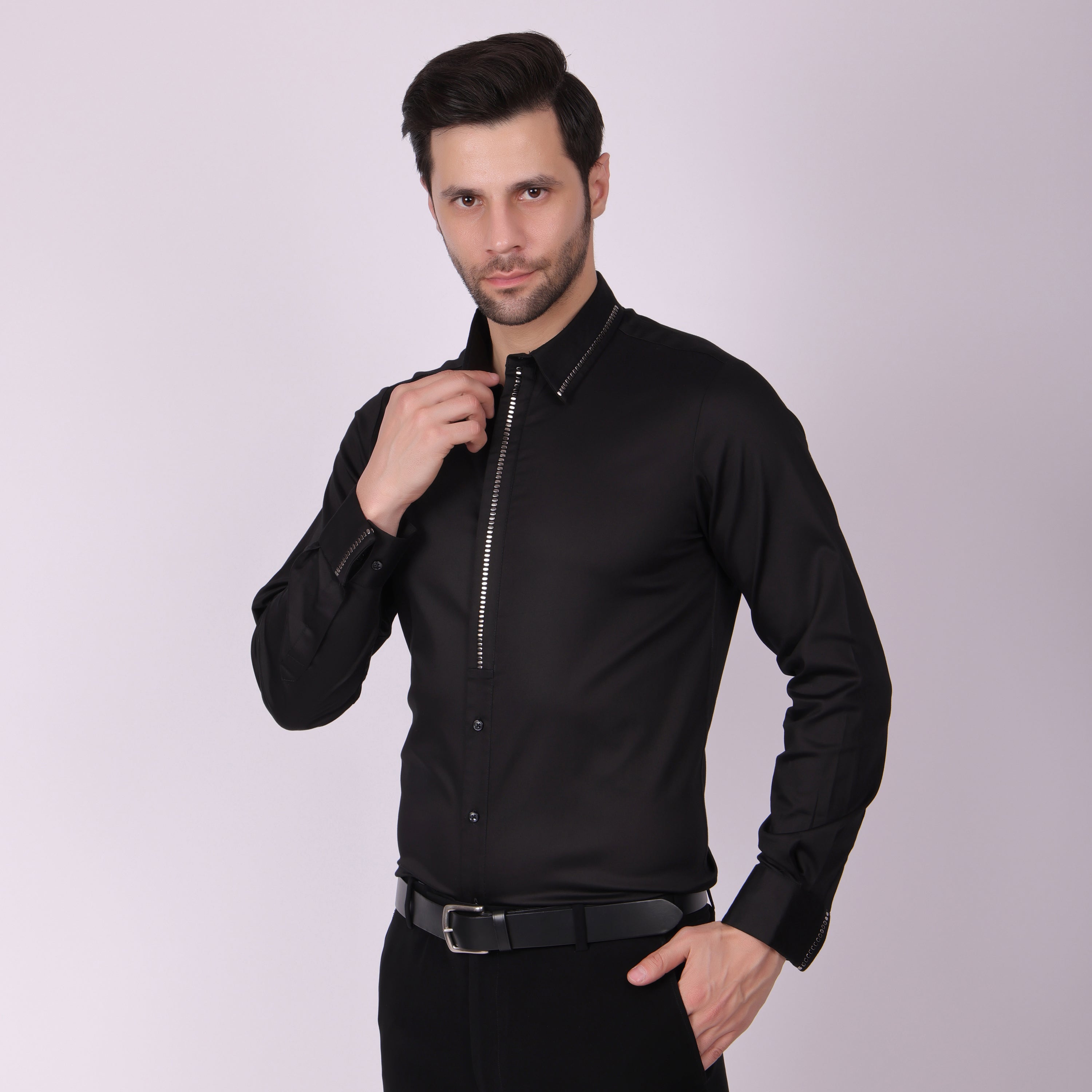 BLACK METAL STUD FRONT DRESS SHIRT  (PWY028)
