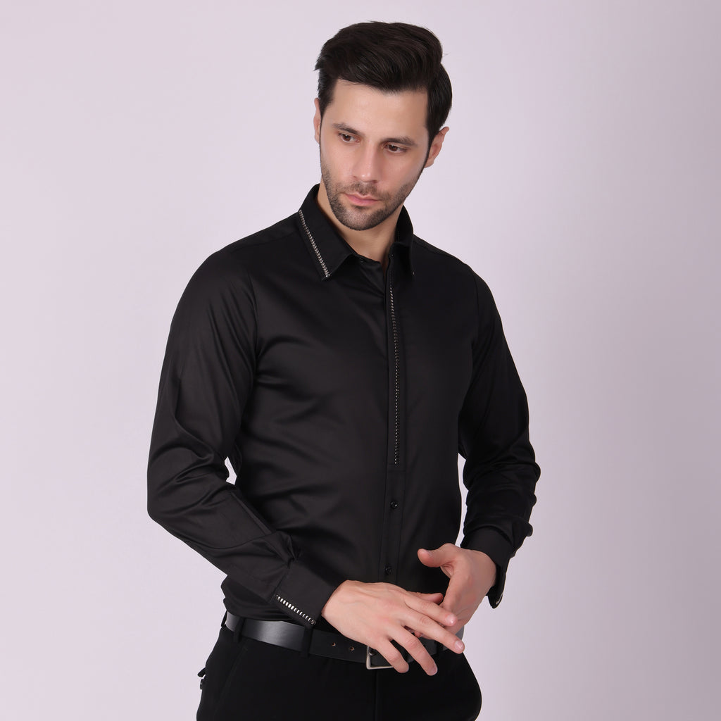 BLACK METAL STUD FRONT DRESS SHIRT  (PWY028)