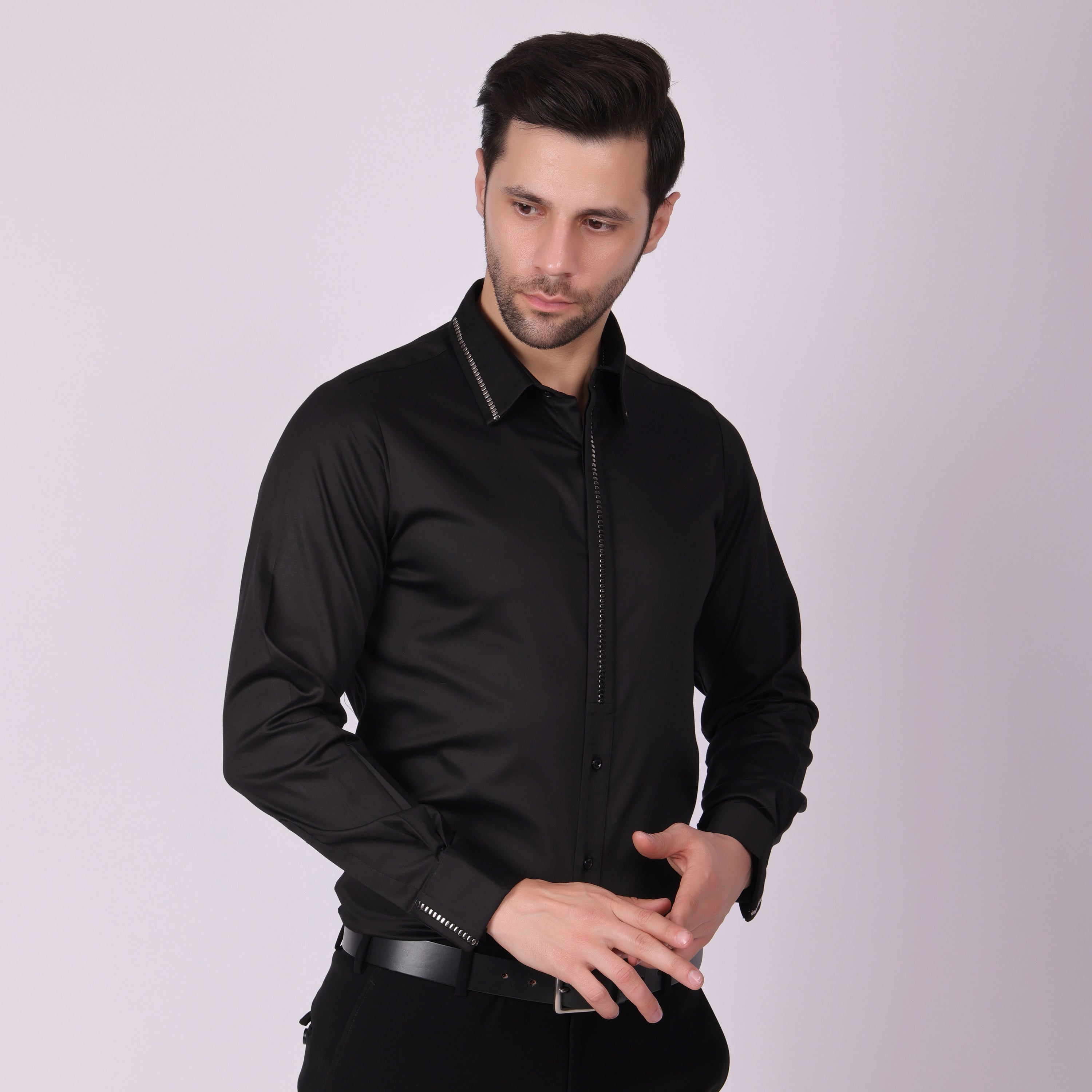 BLACK METAL STUD FRONT DRESS SHIRT  (PWY028)
