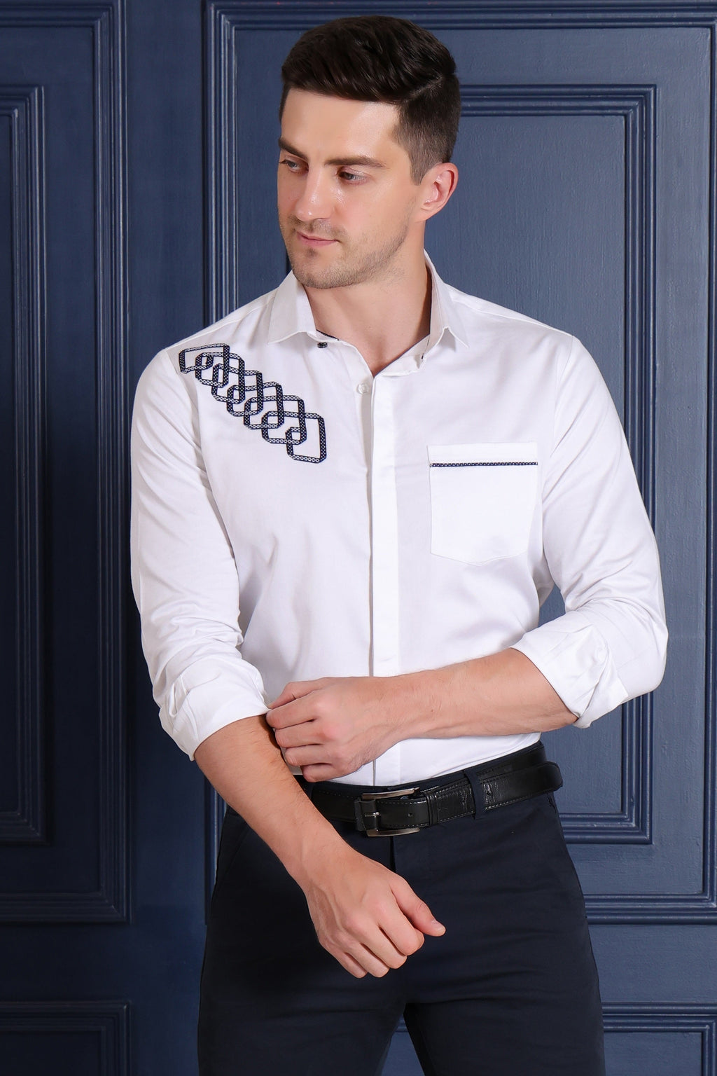 Pier Seven Men's Polycotton Slim Fit Shirt with detailing - White (PWY032) Pier Seven