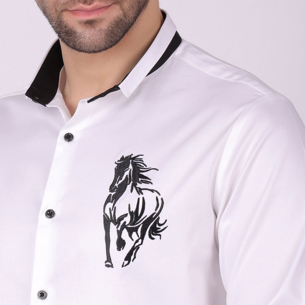 Pier Seven Men's Cotton Blend Embroided Slim Fit Shirt - White (PWY038) Pier Seven