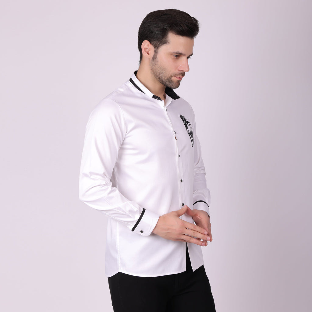Pier Seven Men's Cotton Blend Embroided Slim Fit Shirt - White (PWY038) Pier Seven