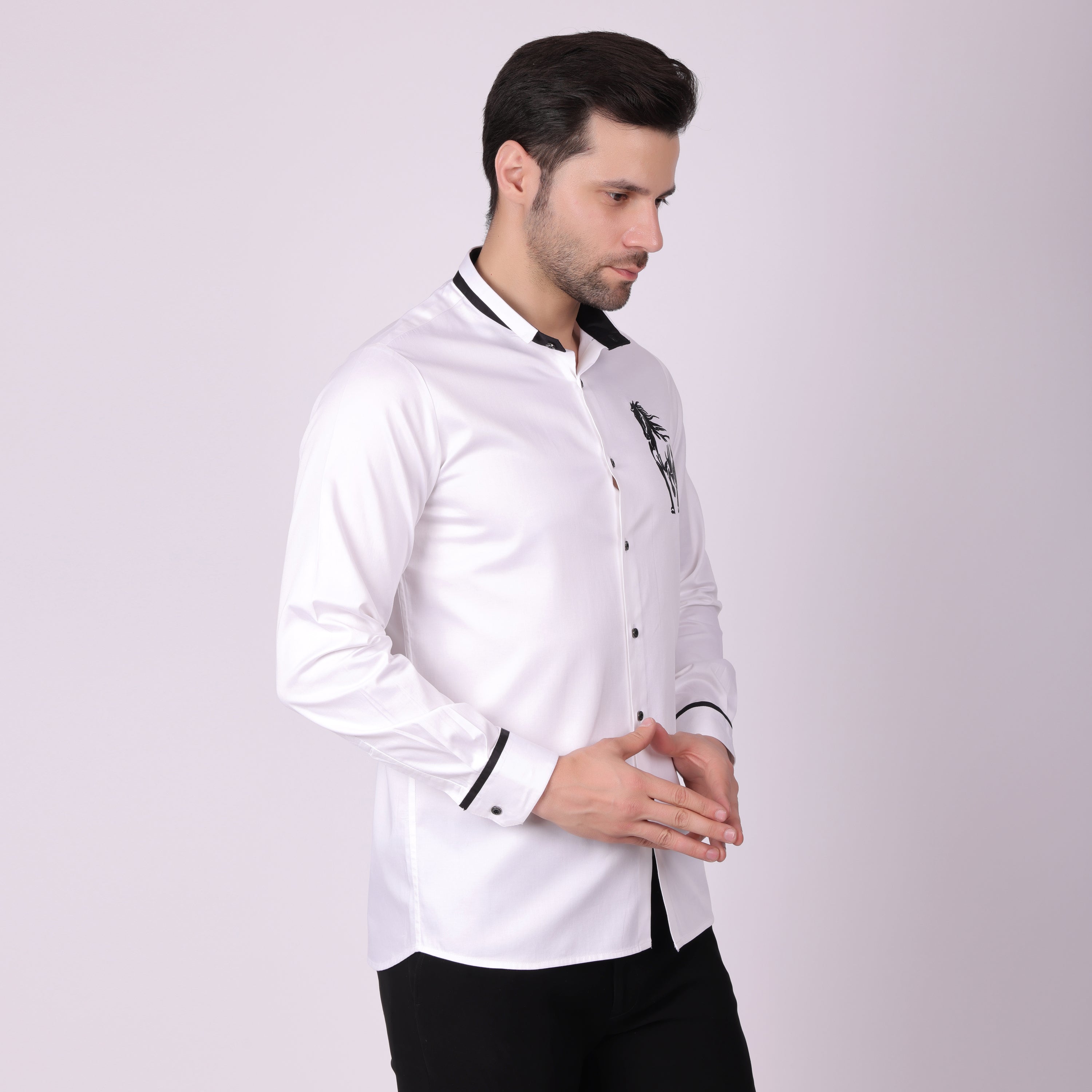 Pier Seven Men's Cotton Blend Embroided Slim Fit Shirt - White (PWY038) Pier Seven