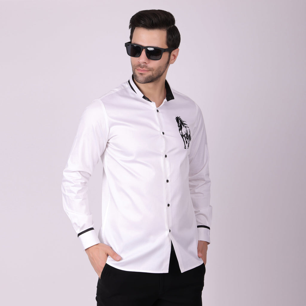 Pier Seven Men's Cotton Blend Embroided Slim Fit Shirt - White (PWY038) Pier Seven