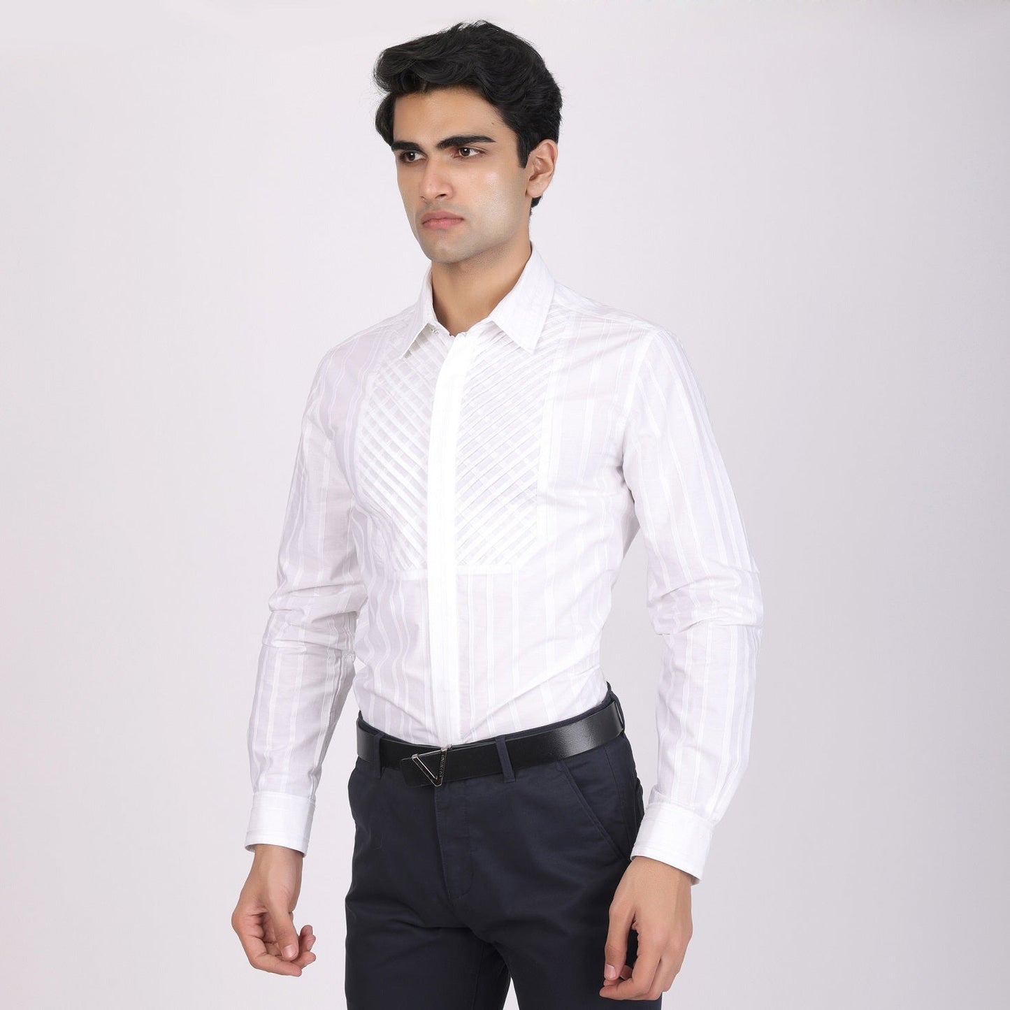 Pier Seven Men's Cotton Striped Pleated Yoke Regular Fit Shirt - White (PWY054) Pier Seven
