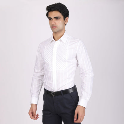 Pier Seven Men's Cotton Striped Pleated Yoke Regular Fit Shirt - White (PWY054) Pier Seven