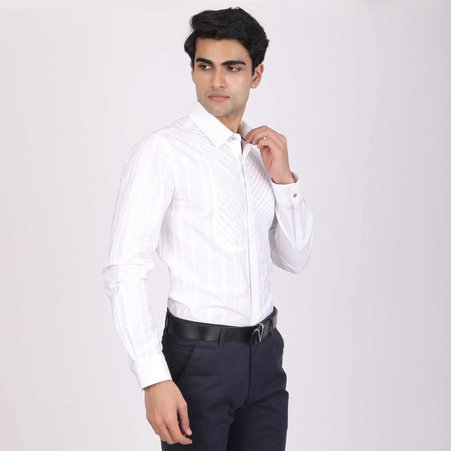 Pier Seven Men's Cotton Striped Pleated Yoke Regular Fit Shirt - White (PWY054) Pier Seven