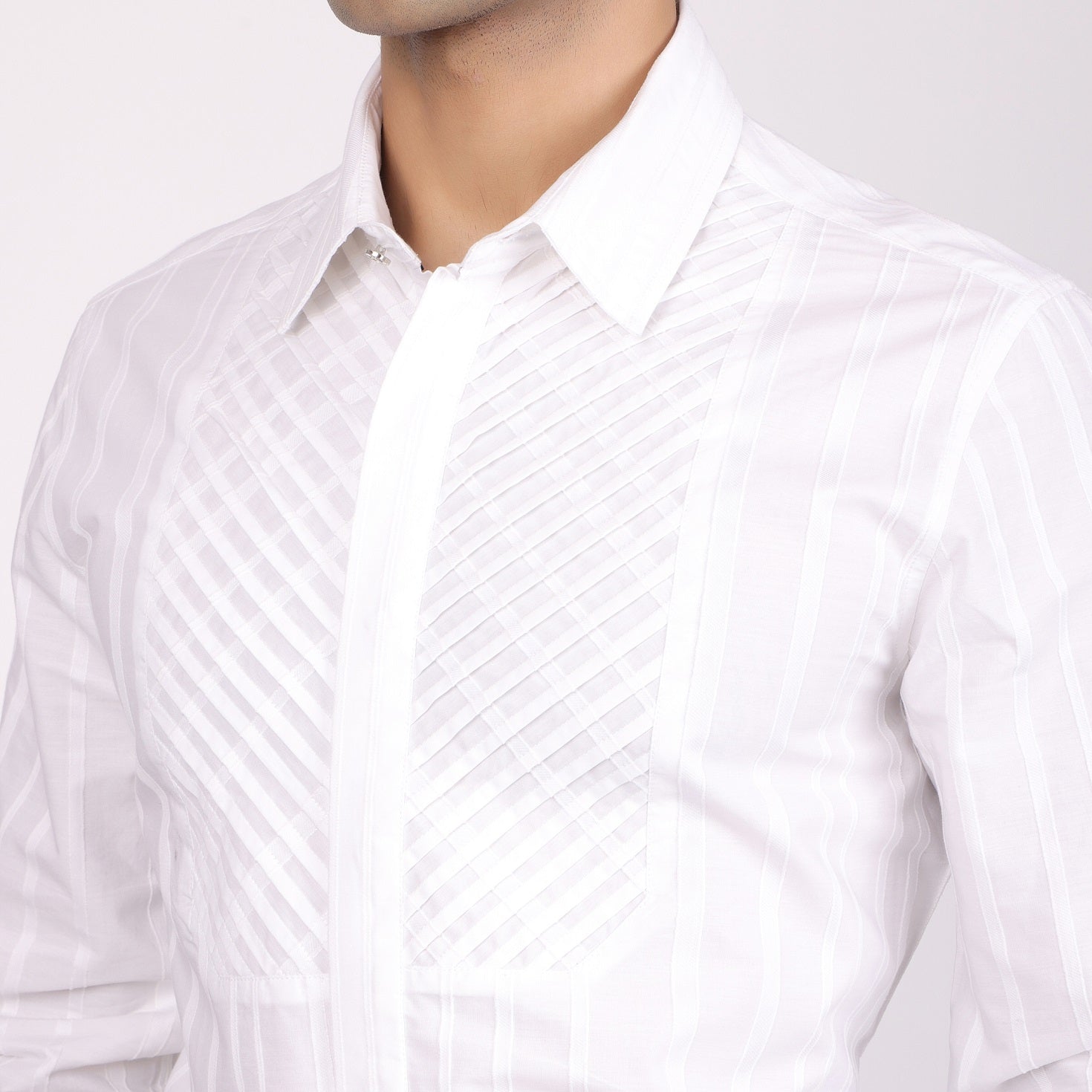 Pier Seven Men's Cotton Striped Pleated Yoke Regular Fit Shirt - White (PWY054) Pier Seven