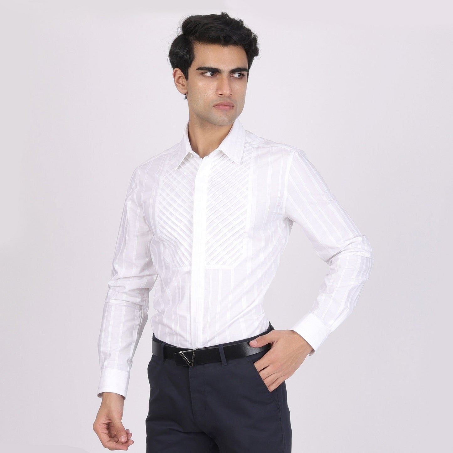 Pier Seven Men's Cotton Striped Pleated Yoke Regular Fit Shirt - White (PWY054) Pier Seven