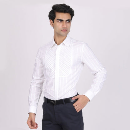 Pier Seven Men's Cotton Striped Pleated Yoke Regular Fit Shirt - White (PWY054) Pier Seven